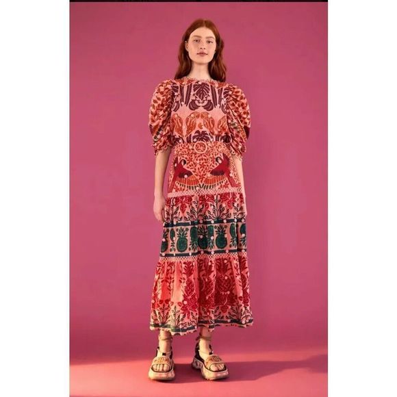 Farm Rio Ainika Print Macaws 3D Flower Applique Maxi Skirt S Small NWT - Picture 5 of 9